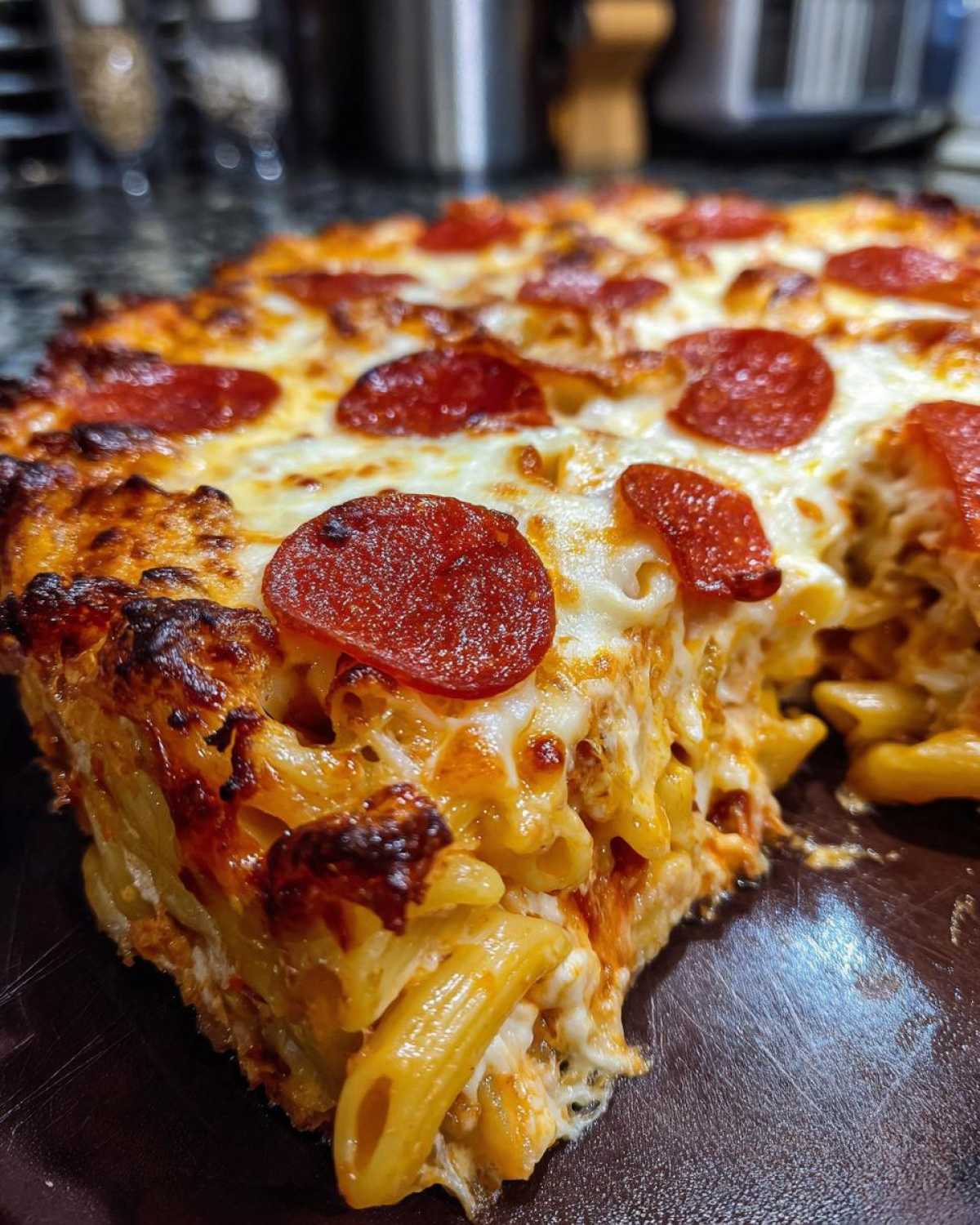 Close-up of a thick slice of baked pizza pasta casserole topped with melted, bubbly cheese and pepperoni.