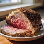 Close-up of a medium-rare prime rib roast oven cooked, showing a thick herb crust and juicy pink center.