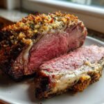 A thick slice of medium-rare prime rib roast oven success with a crispy herb crust on a white plate.