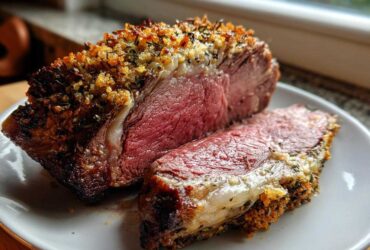 A thick slice of medium-rare prime rib roast oven success with a crispy herb crust on a white plate.