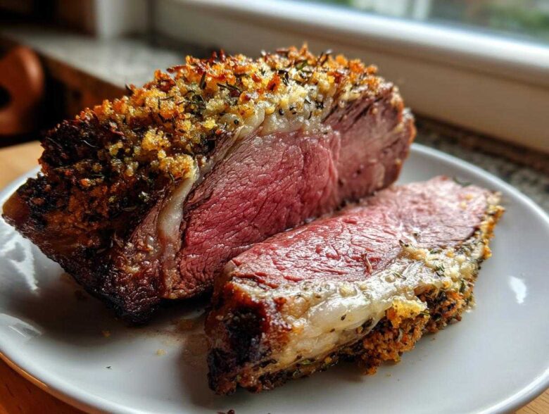 A thick slice of medium-rare prime rib roast oven success with a crispy herb crust on a white plate.