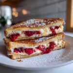 Two halves of raspberry stuffed french toast stacked, filled with cream cheese and jam, dusted with powdered sugar.