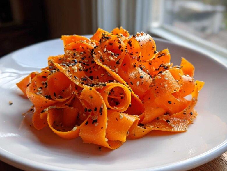 Close-up of vibrant orange ribbons in a raw carrot salad, topped generously with black and white sesame seeds.