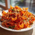 Close-up of a vibrant raw carrot salad made with shaved carrot ribbons, topped generously with black and white sesame seeds.