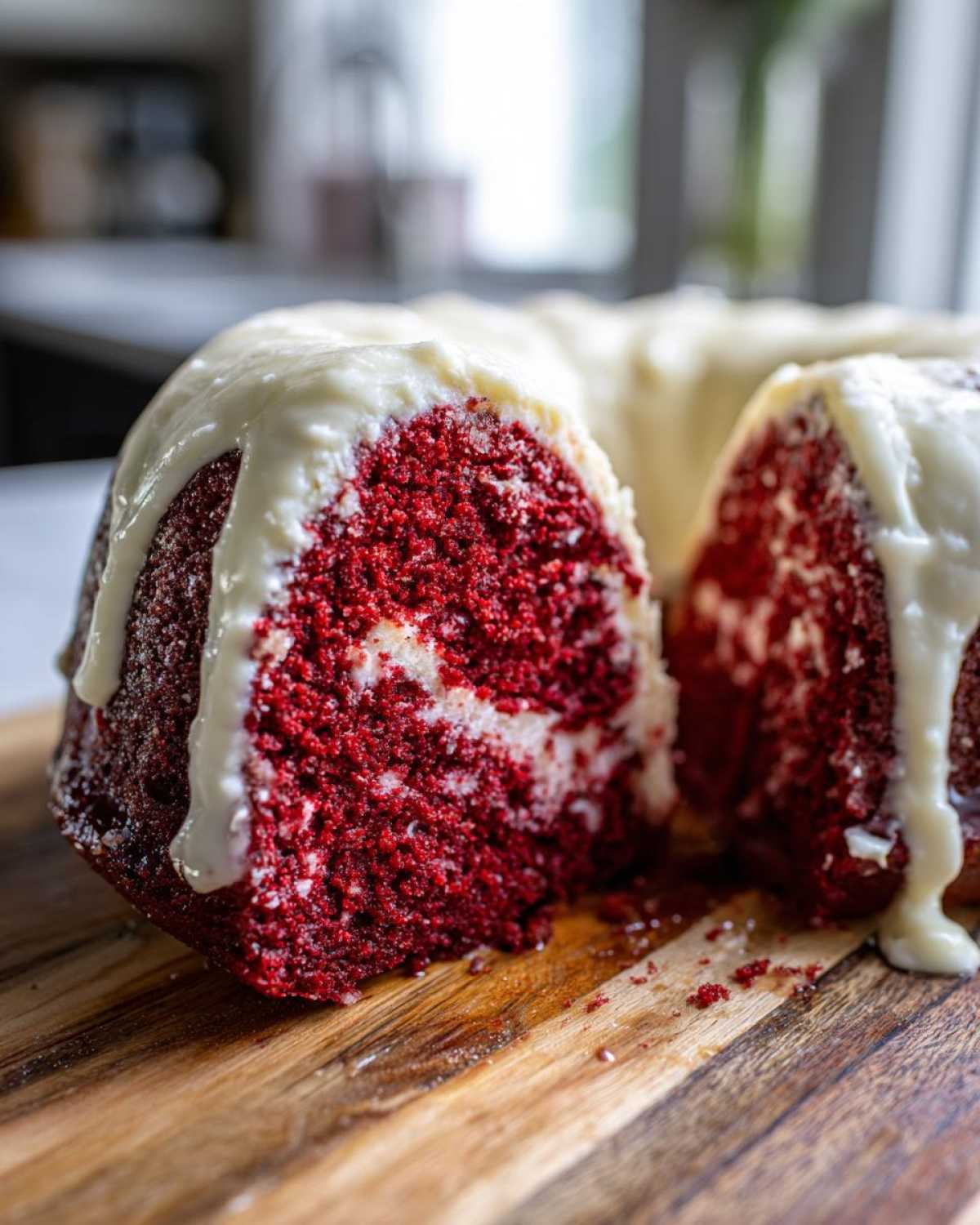 Close-up of a vibrant red velvet bundt cake with a thick white glaze drizzled over the top, a slice removed.