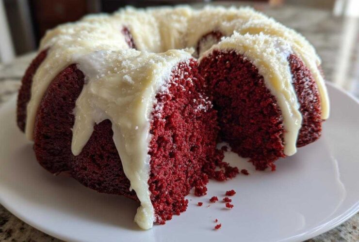 A slice removed from a vibrant red velvet bundt cake topped with thick white cream cheese drizzle.