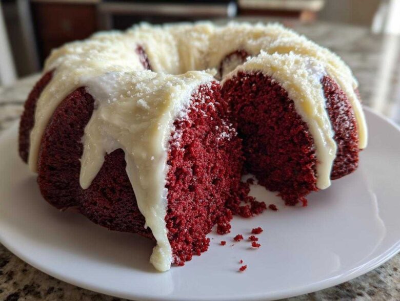 A slice removed from a vibrant red velvet bundt cake topped with thick white cream cheese drizzle.