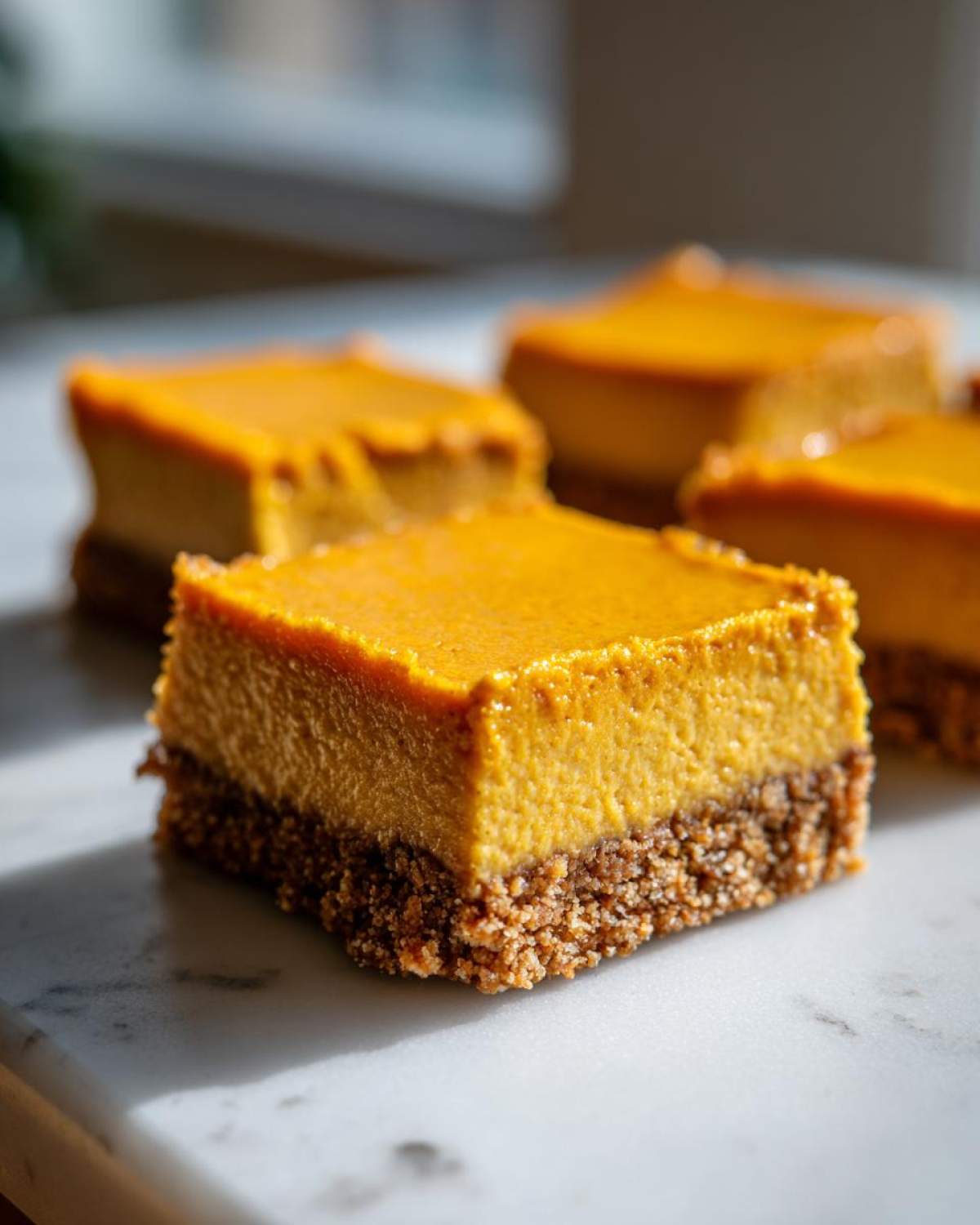 A close-up of a thick, square pumpkin cheesecake bar with a graham cracker crust resting on a white marble surface.