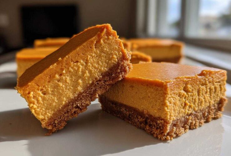Two rich pumpkin cheesecake bars showing a thick, creamy orange filling and a graham cracker crust, ready to eat.