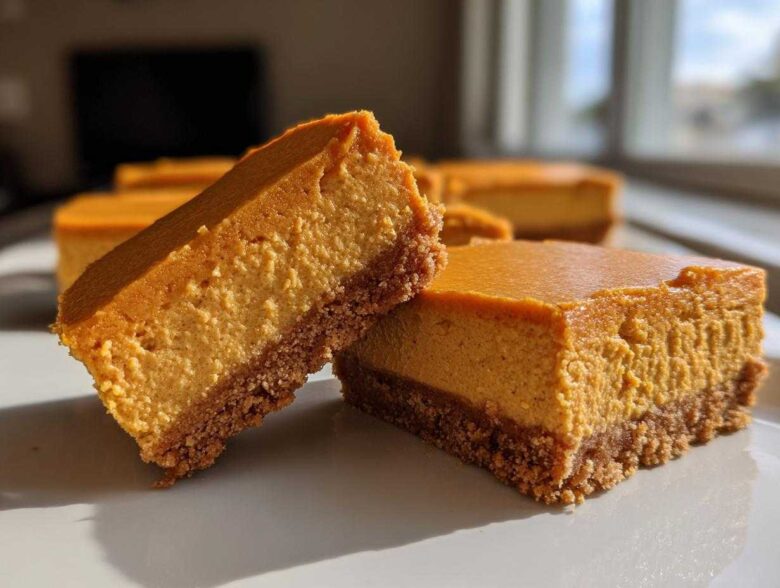 Two rich pumpkin cheesecake bars showing a thick, creamy orange filling and a graham cracker crust, ready to eat.