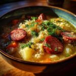 Close-up of a bowl of steaming sauerkraut soup featuring sliced smoked sausage, potatoes, and fresh dill garnish.