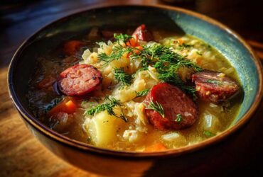 Close-up of a bowl of steaming sauerkraut soup featuring sliced smoked sausage, potatoes, and fresh dill garnish.