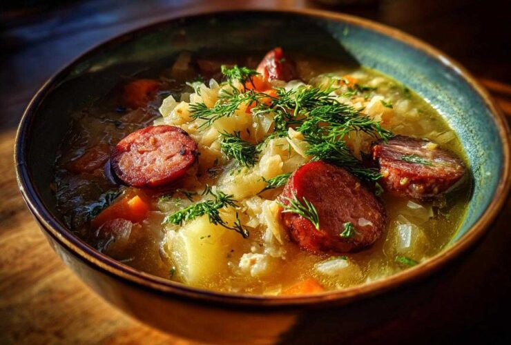Close-up of a bowl of steaming sauerkraut soup featuring sliced smoked sausage, potatoes, and fresh dill garnish.