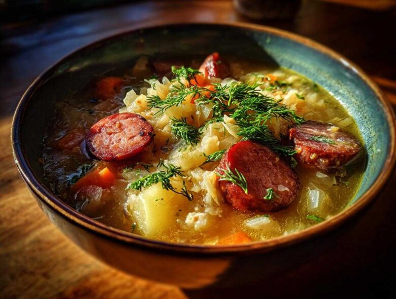 Close-up of a bowl of steaming sauerkraut soup featuring sliced smoked sausage, potatoes, and fresh dill garnish.