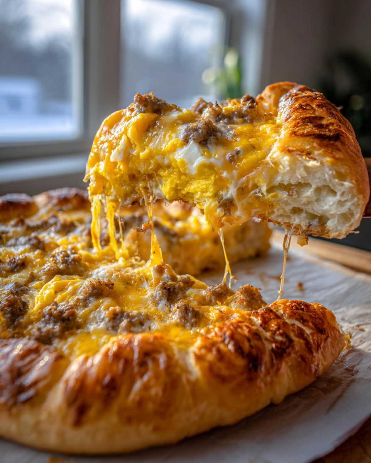A slice being lifted from a sausage gravy breakfast pizza showing melted cheese and egg stretch.