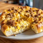 Close-up of a slice cut from a sausage gravy breakfast pizza, showing fluffy crust, eggs, cheese, and sausage topping.