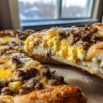 A slice of sausage gravy breakfast pizza showing a thick crust, scrambled eggs, sausage, and melted cheese.