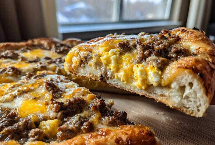 A slice of sausage gravy breakfast pizza showing a thick crust, scrambled eggs, sausage, and melted cheese.