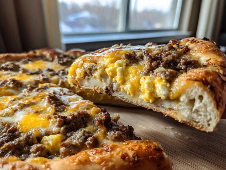 A slice of sausage gravy breakfast pizza showing a thick crust, scrambled eggs, sausage, and melted cheese.