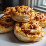A stack of four golden brown sausage pinwheels topped with melted cheddar cheese on a white plate.
