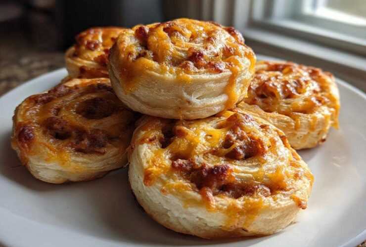 A stack of four golden brown sausage pinwheels topped with melted cheddar cheese on a white plate.