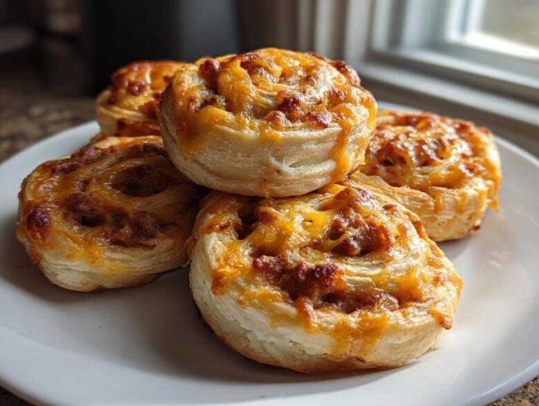 A stack of four golden brown sausage pinwheels topped with melted cheddar cheese on a white plate.