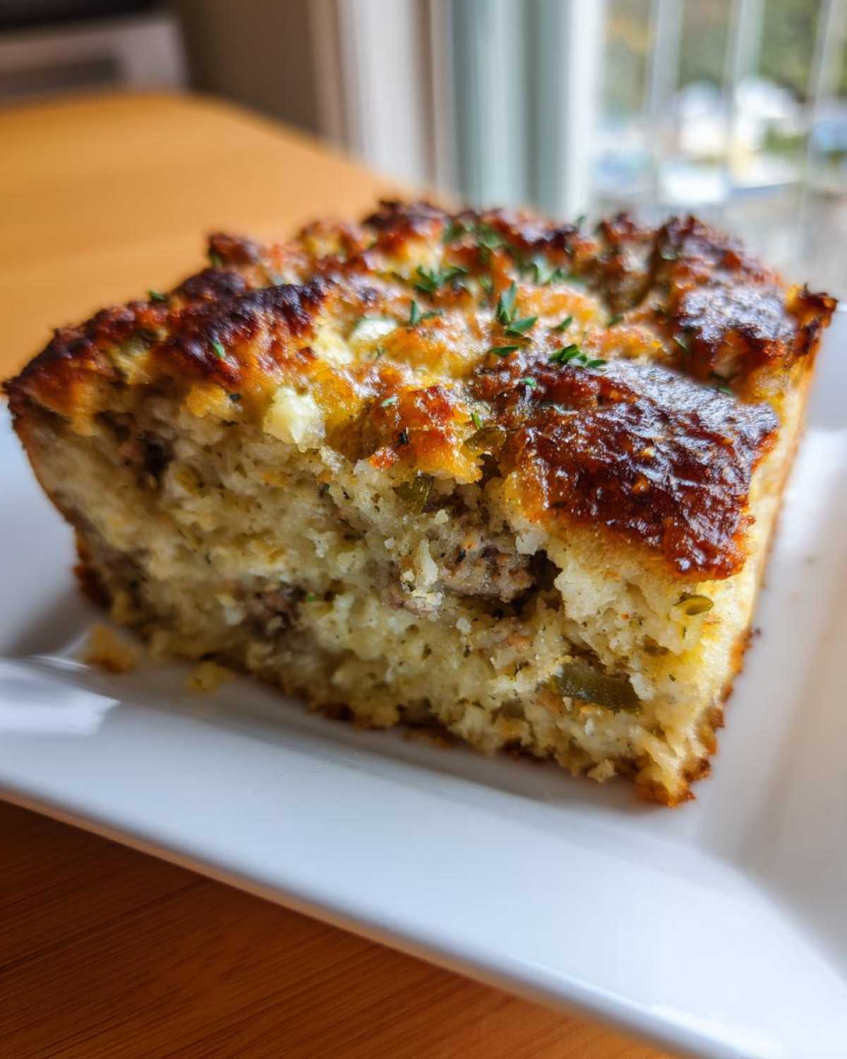 Close-up of a square slice of baked sausage stuffing recipe with a golden-brown, crispy top garnished with herbs.