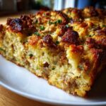 Close-up of a golden brown slice of sausage stuffing recipe with a crispy top and moist interior.
