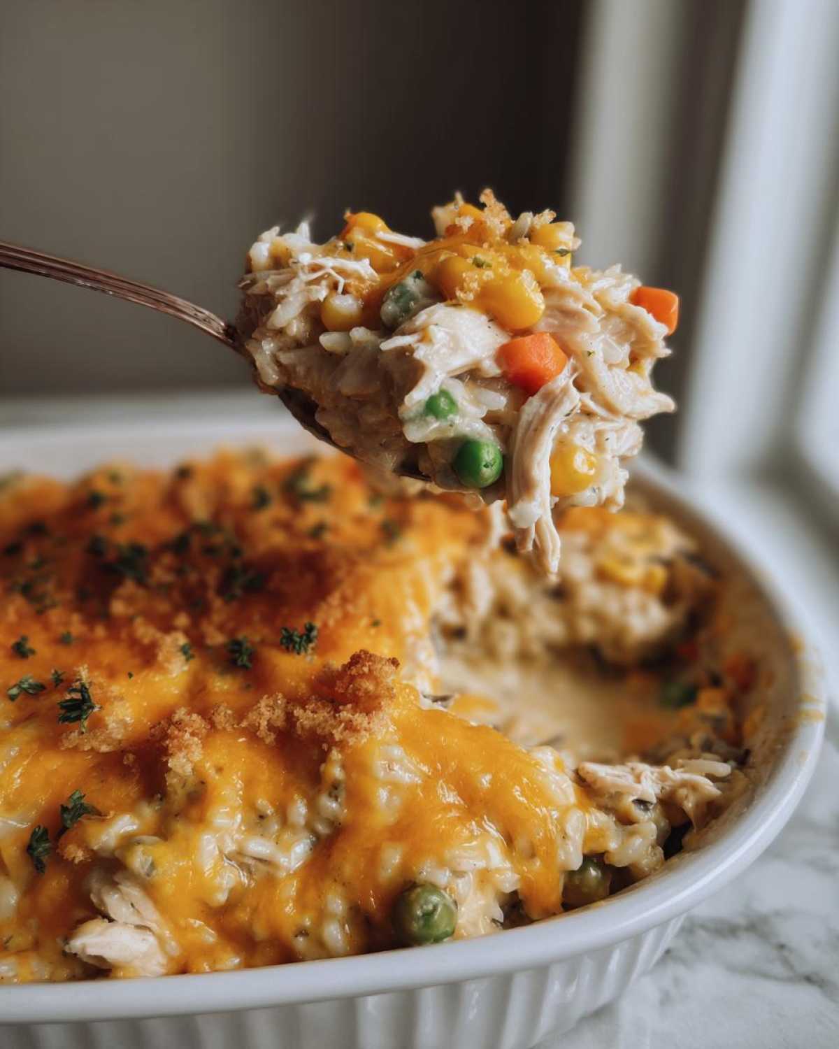A spoonful of creamy chicken and wild rice casserole topped with melted cheddar cheese and vegetables being lifted from the baking dish.