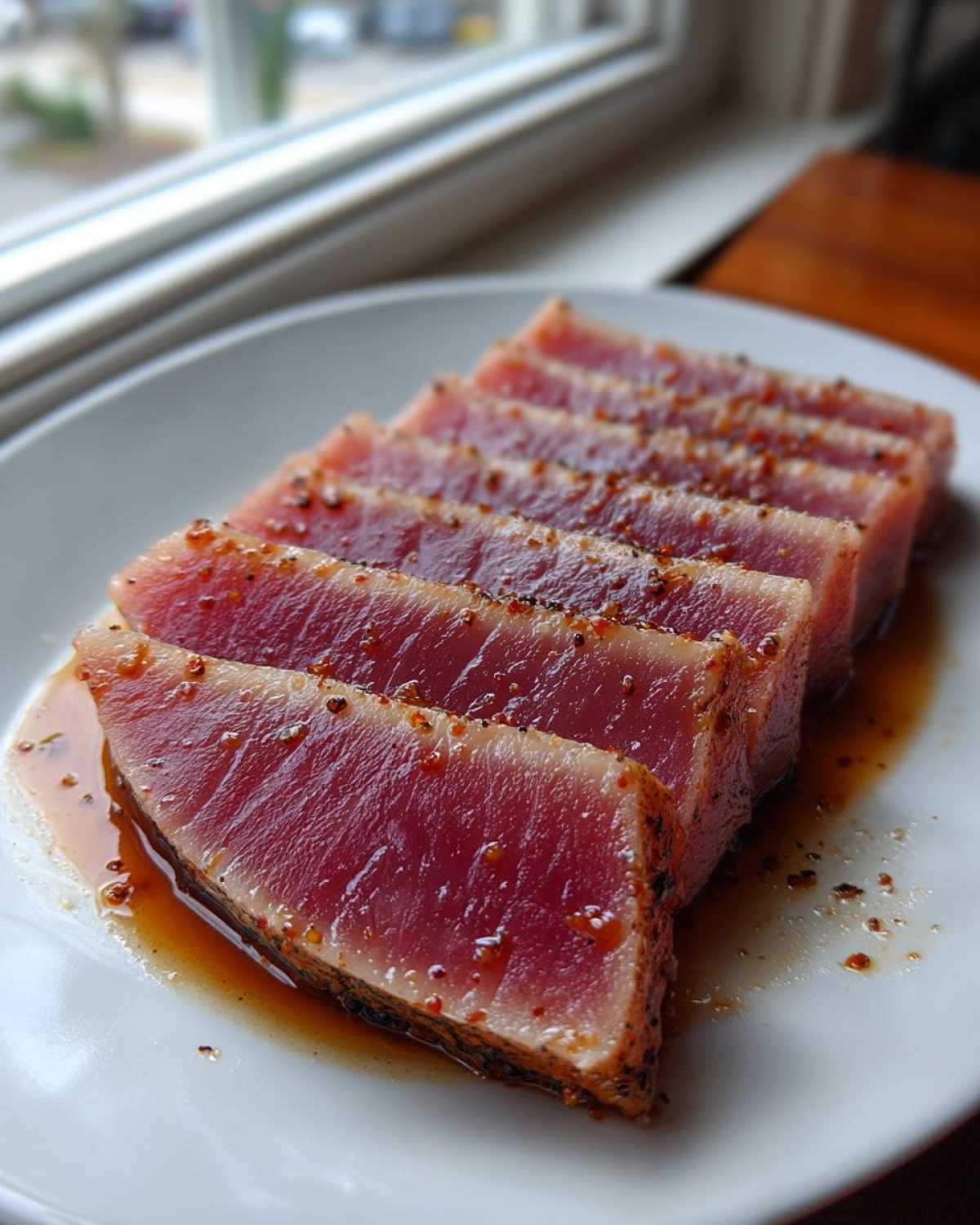 Slices of rare, seared tuna steak seasoned with spices, resting in a light sauce on a white plate.