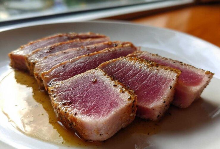 Four thick slices of perfectly seared tuna steak, showing a bright pink rare center and seasoned crust, resting in a light sauce.