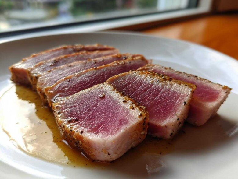 Four thick slices of perfectly seared tuna steak, showing a bright pink rare center and seasoned crust, resting in a light sauce.