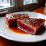 Two thick slices of perfectly seared tuna steak, rare in the center, covered in a dark glaze and black sesame seeds.