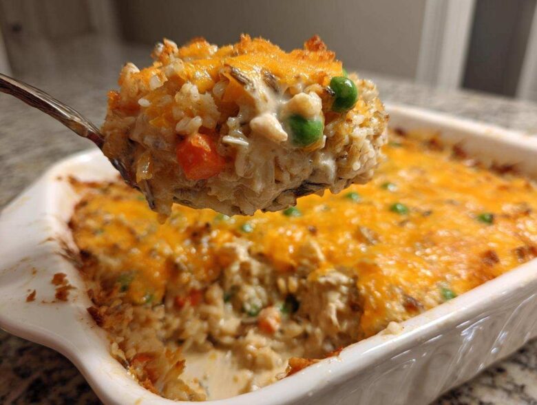 A spoonful of creamy chicken and wild rice casserole topped with melted cheddar cheese being lifted from the baking dish.