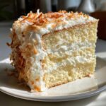 A close-up slice of moist 3-layer coconut cake with thick white frosting and toasted coconut flakes.