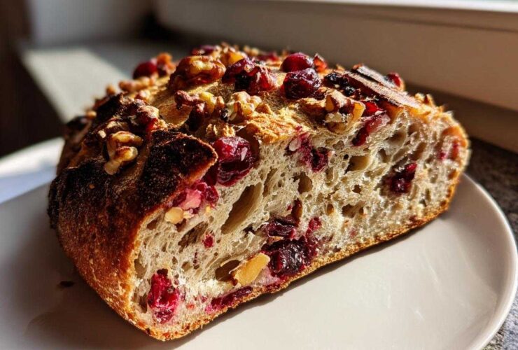 A close-up slice of homemade cranberry walnut bread showing its open crumb, topped with dried cranberries and walnuts.