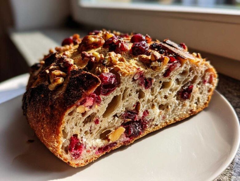 A close-up slice of homemade cranberry walnut bread showing its open crumb, topped with dried cranberries and walnuts.