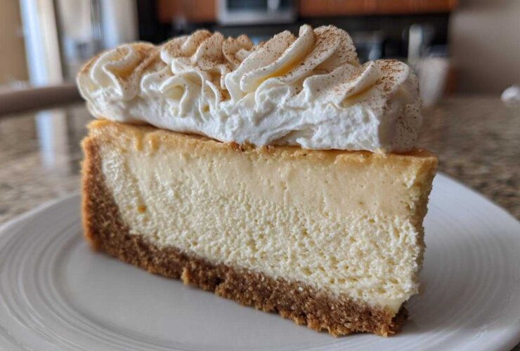 A thick slice of creamy eggnog cheesecake recipe on a white plate, topped with piped whipped cream and cinnamon.