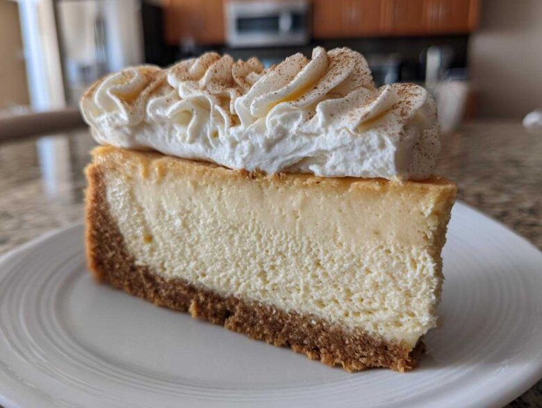 A thick slice of creamy eggnog cheesecake recipe on a white plate, topped with piped whipped cream and cinnamon.