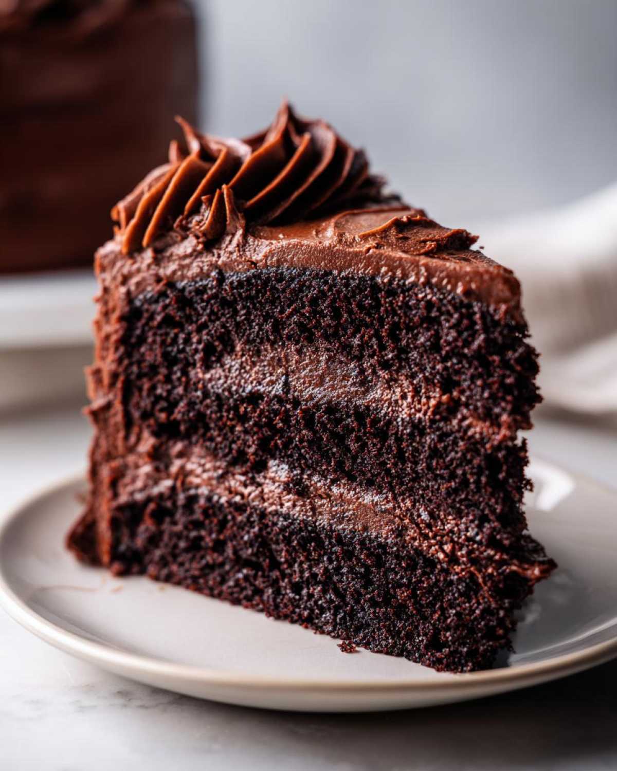 Close-up of a moist slice from a chocolate cake recipe, featuring three layers of dark cake and thick chocolate frosting.