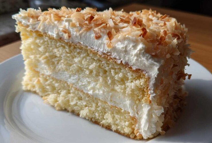 Close-up of a moist slice of 3-layer coconut cake with white frosting and toasted coconut flakes.