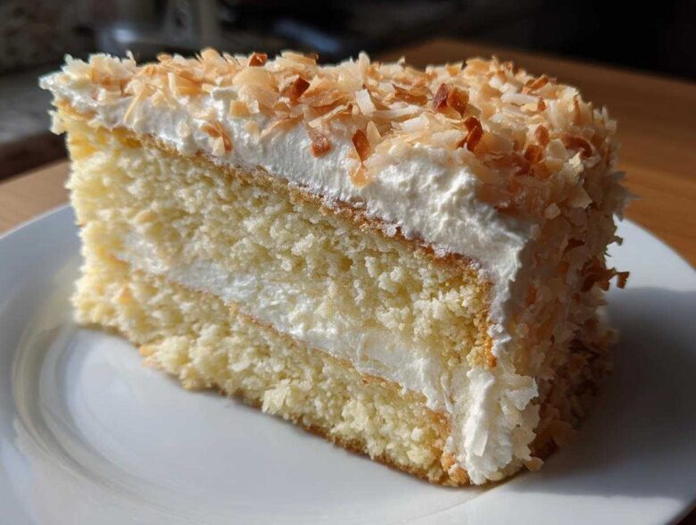 Close-up of a moist slice of 3-layer coconut cake with white frosting and toasted coconut flakes.