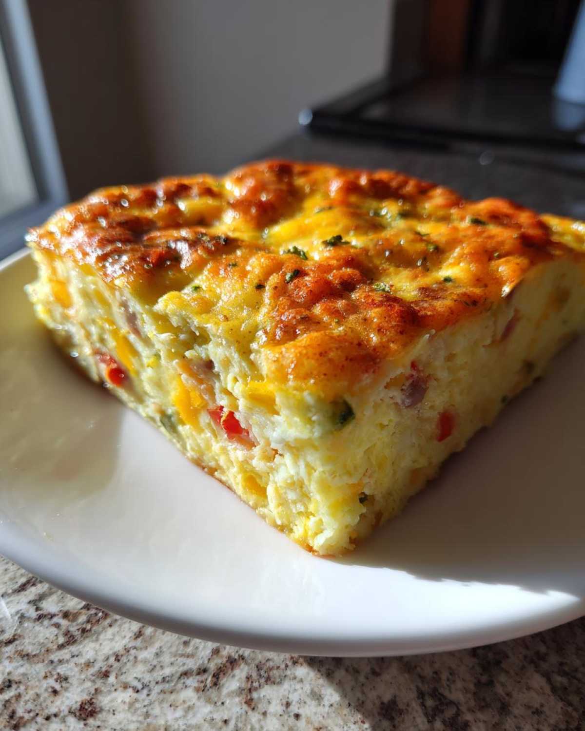 A thick, golden-brown slice of savory egg bake with visible peppers and cheese, resting on a white plate.