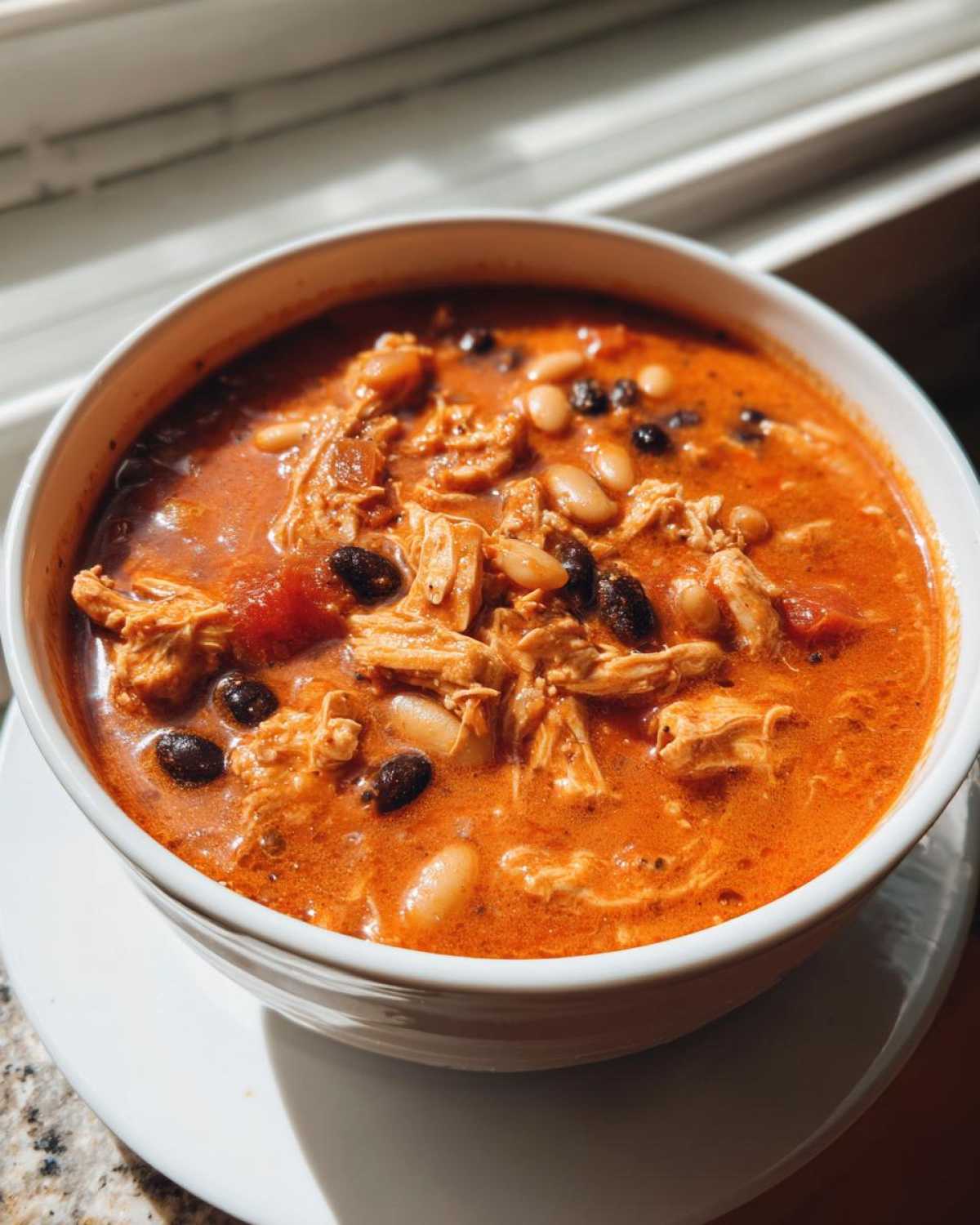 Close-up of a white bowl filled with vibrant orange slow cooker buffalo chicken chili, featuring shredded chicken, white beans, and black beans.