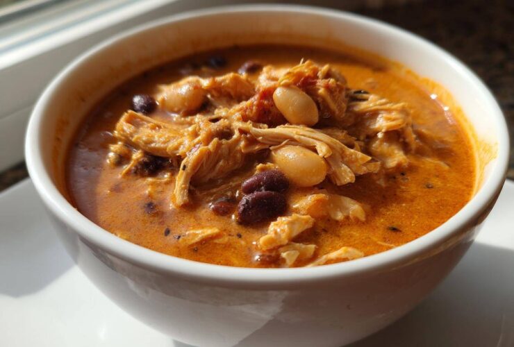 Close-up of a white bowl filled with creamy, orange-red slow cooker buffalo chicken chili featuring shredded chicken and beans.