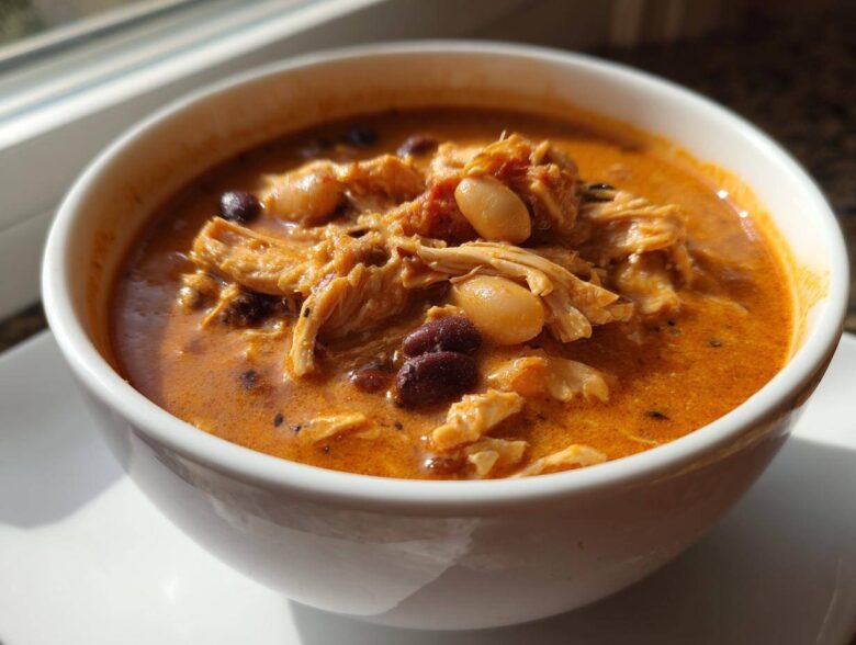 Close-up of a white bowl filled with creamy, orange-red slow cooker buffalo chicken chili featuring shredded chicken and beans.