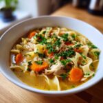 Close-up of a white bowl filled with slow cooker chicken noodle soup, featuring egg noodles, carrots, shredded chicken, and fresh parsley.