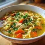 A close-up of a white bowl filled with rich broth, shredded chicken, egg noodles, and bright orange carrots from the slow cooker chicken noodle soup.