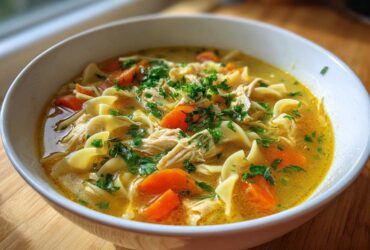 A close-up of a white bowl filled with rich broth, shredded chicken, egg noodles, and bright orange carrots from the slow cooker chicken noodle soup.