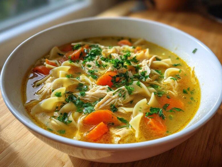 A close-up of a white bowl filled with rich broth, shredded chicken, egg noodles, and bright orange carrots from the slow cooker chicken noodle soup.